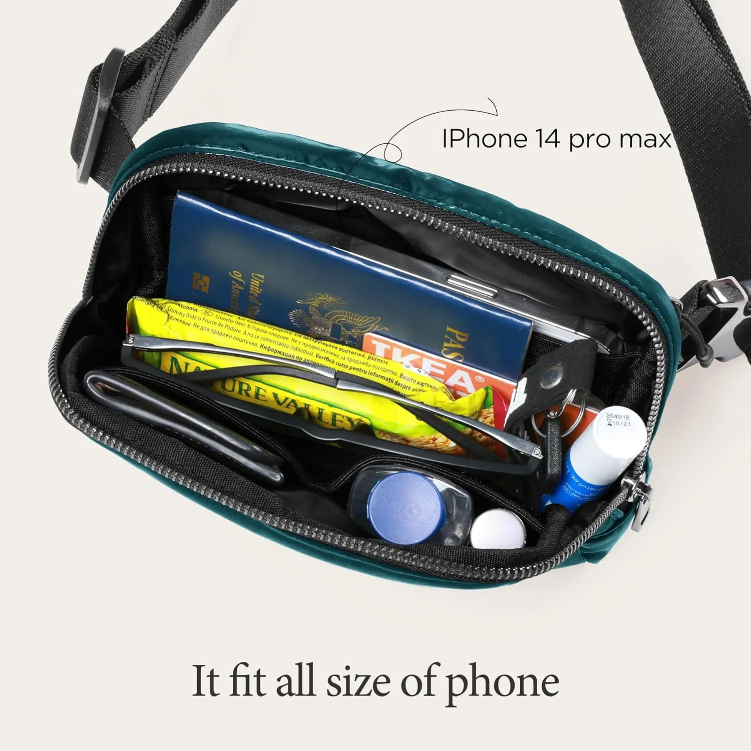 ODODOS Unisex Mini Belt Bag with Adjustable Strap Small Fanny Pack for Workout Running Traveling Hiking, Glossy Teal Green