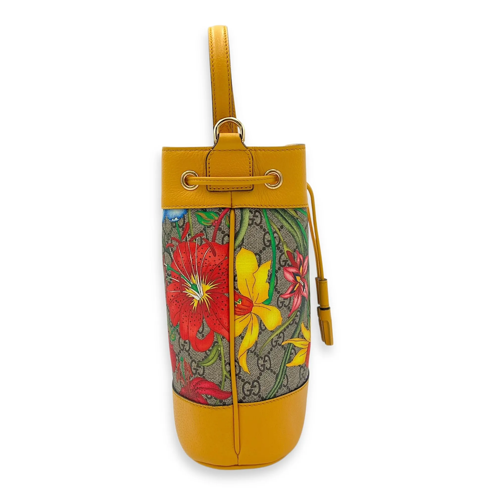 Ophidia Bucket Bag Yellow in Coated Canvas, Gold hardware