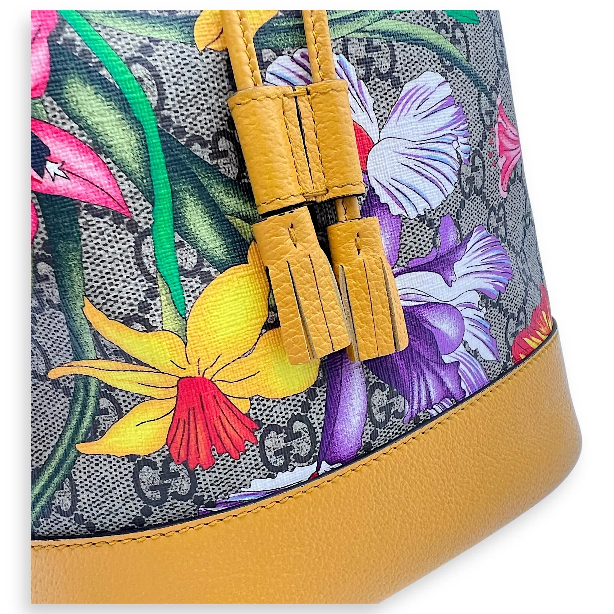 Ophidia Bucket Bag Yellow in Coated Canvas, Gold hardware