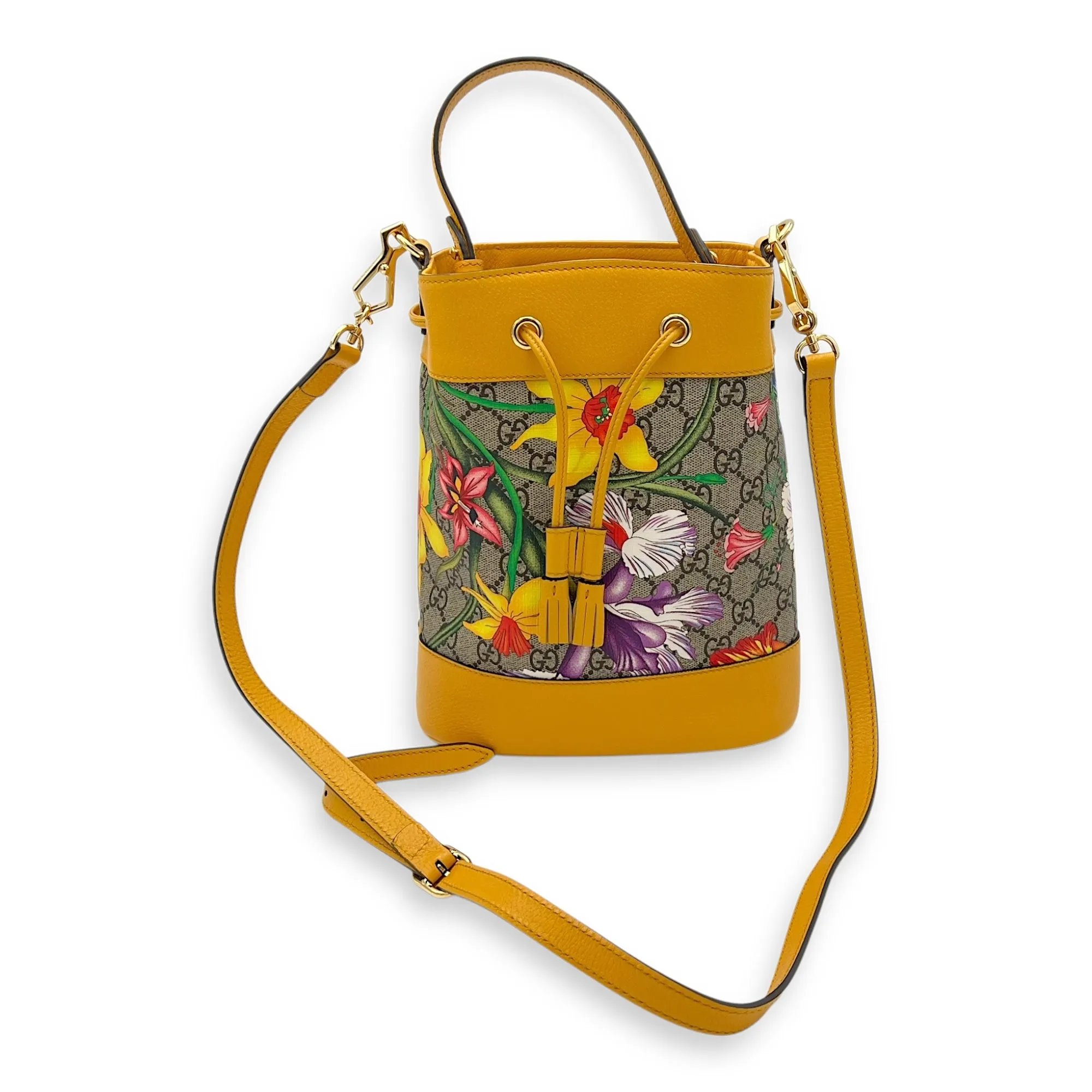 Ophidia Bucket Bag Yellow in Coated Canvas, Gold hardware