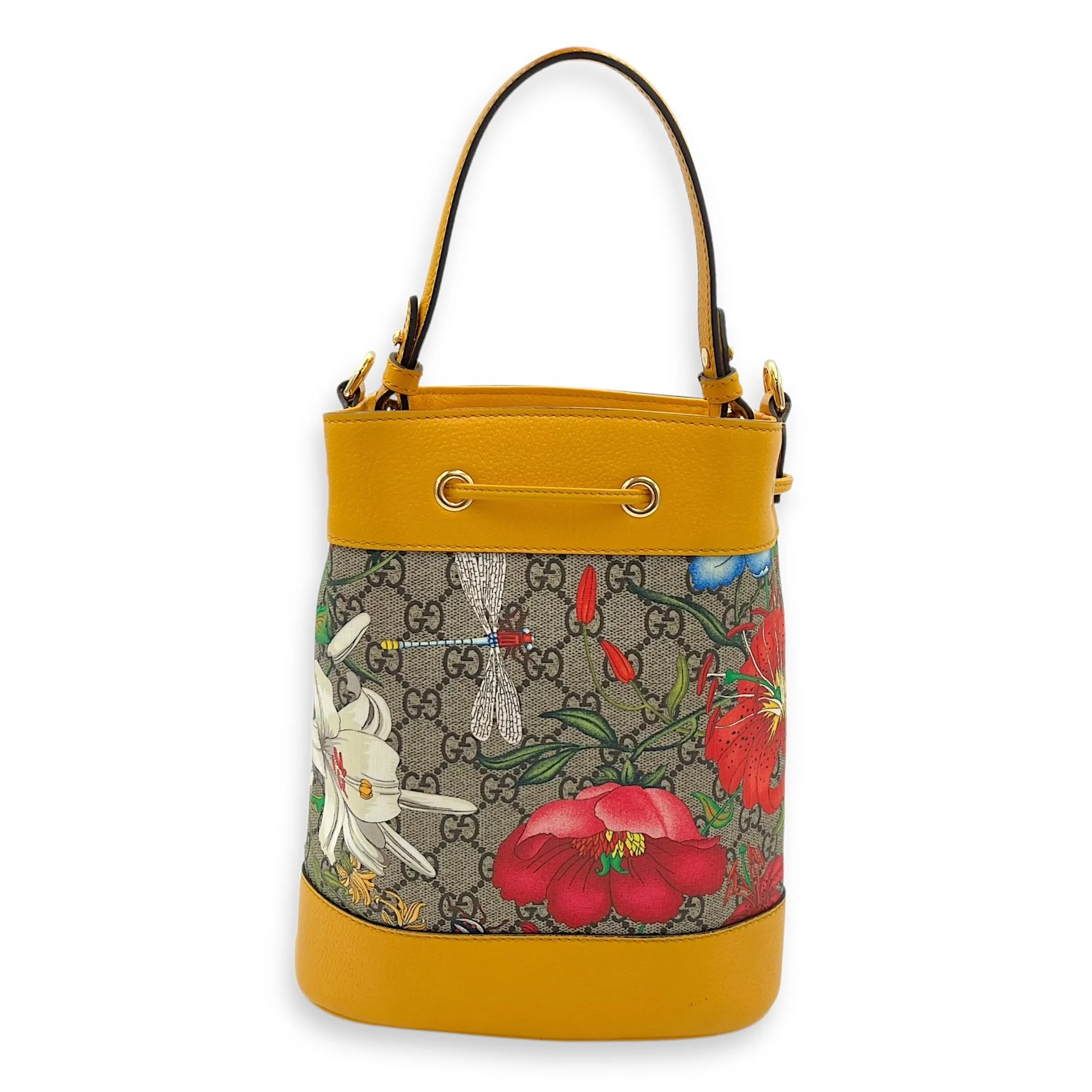 Ophidia Bucket Bag Yellow in Coated Canvas, Gold hardware