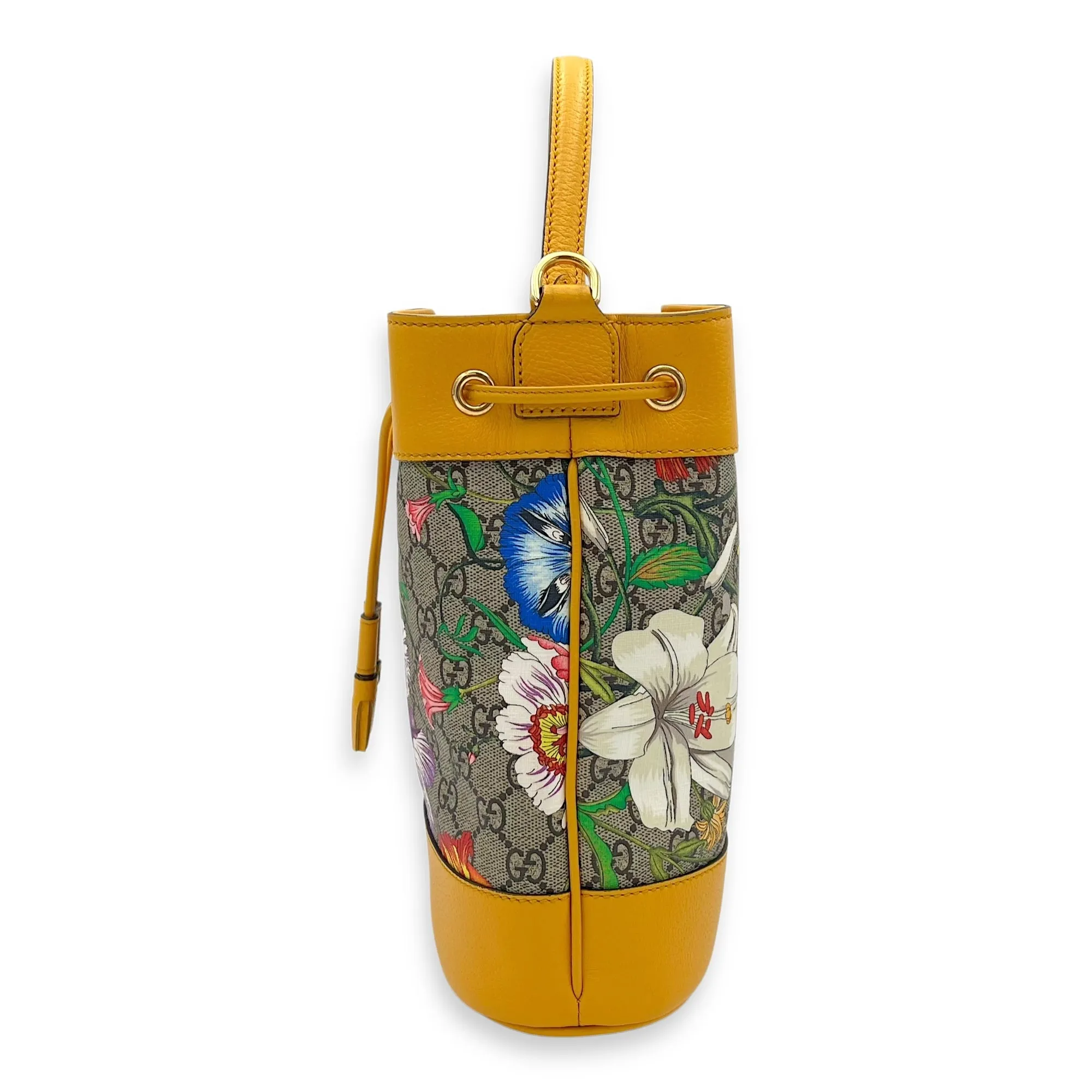 Ophidia Bucket Bag Yellow in Coated Canvas, Gold hardware
