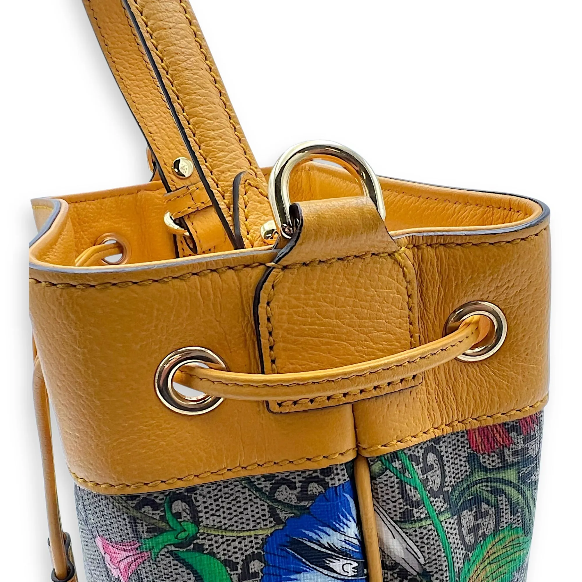Ophidia Bucket Bag Yellow in Coated Canvas, Gold hardware