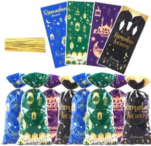 Ramadan Kareem Treat Bags, 100pcs Shining Gold Star Moon Lantern Party Cellophane Bags with Twist Ties Clear Plastic Gift Bags Goodie Cookies Candy Bags for Wedding ,Birthday Party ,Ramadan Mubarak Party Supplies