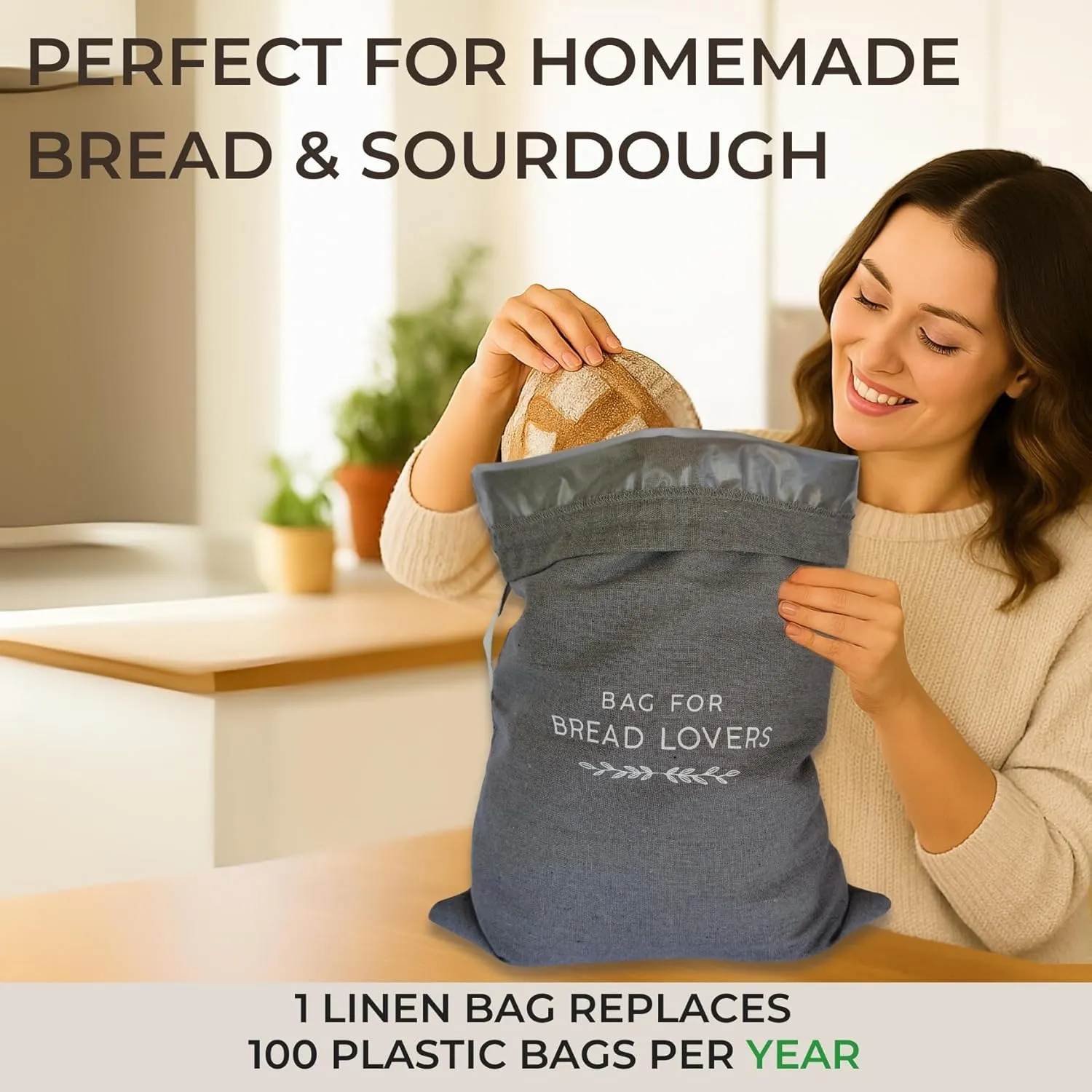 Reusable Bread Bags  2 XXL Linen Bread bags for Homemade bread and Sourdough with Lining, Drawstring Closure and Handle. Washable and Freezer Bread Storage bags  Perfect for Gifting  USA Brand