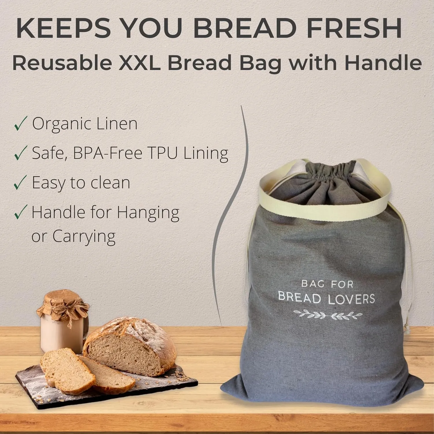 Reusable Bread Bags  2 XXL Linen Bread bags for Homemade bread and Sourdough with Lining, Drawstring Closure and Handle. Washable and Freezer Bread Storage bags  Perfect for Gifting  USA Brand