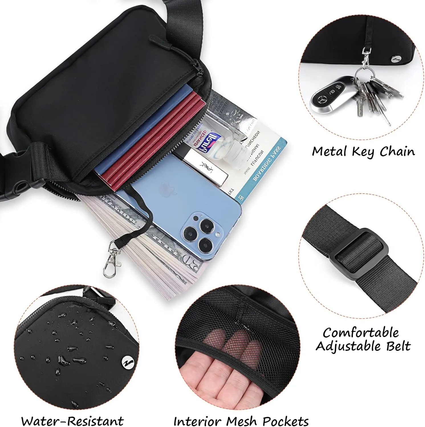 Rolapa Belt Bag, Waist Pack with Adjustable Strap for Men and Women, Mini Crossbody Bag for Travelling, Running, Hiking and Workout (Black)