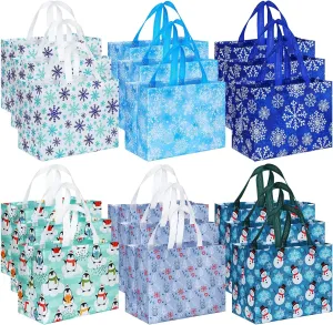 Sanwuta Christmas Bags for Gifts Large Tote Treat with Handles Reusable Non Woven Wrapping Shopping Grocery for Xmas Event 12.8 x 9.8 x 6.7 In(24 Pcs)