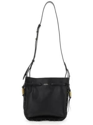 'Silao'  Black Bucket Bag With Drawstring Closure And Embossed Logo Lettering On The Front In Leather Woman