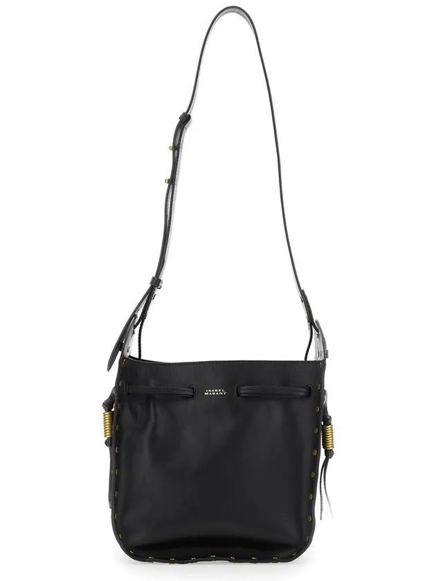 'Silao'  Black Bucket Bag With Drawstring Closure And Embossed Logo Lettering On The Front In Leather Woman