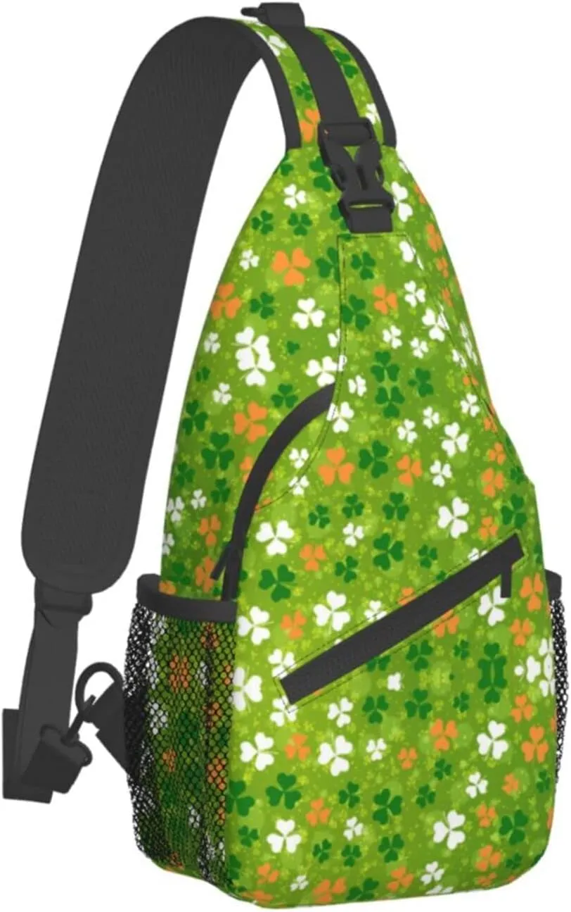 St. Patrick's Day Cute Shamrocks Sling Backpack,Travel Hiking Daypack Clover Crossbody Shoulder Bag