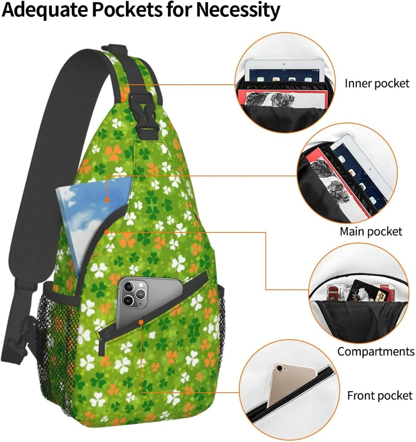 St. Patrick's Day Cute Shamrocks Sling Backpack,Travel Hiking Daypack Clover Crossbody Shoulder Bag