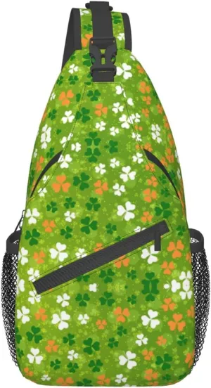 St. Patrick's Day Cute Shamrocks Sling Backpack,Travel Hiking Daypack Clover Crossbody Shoulder Bag