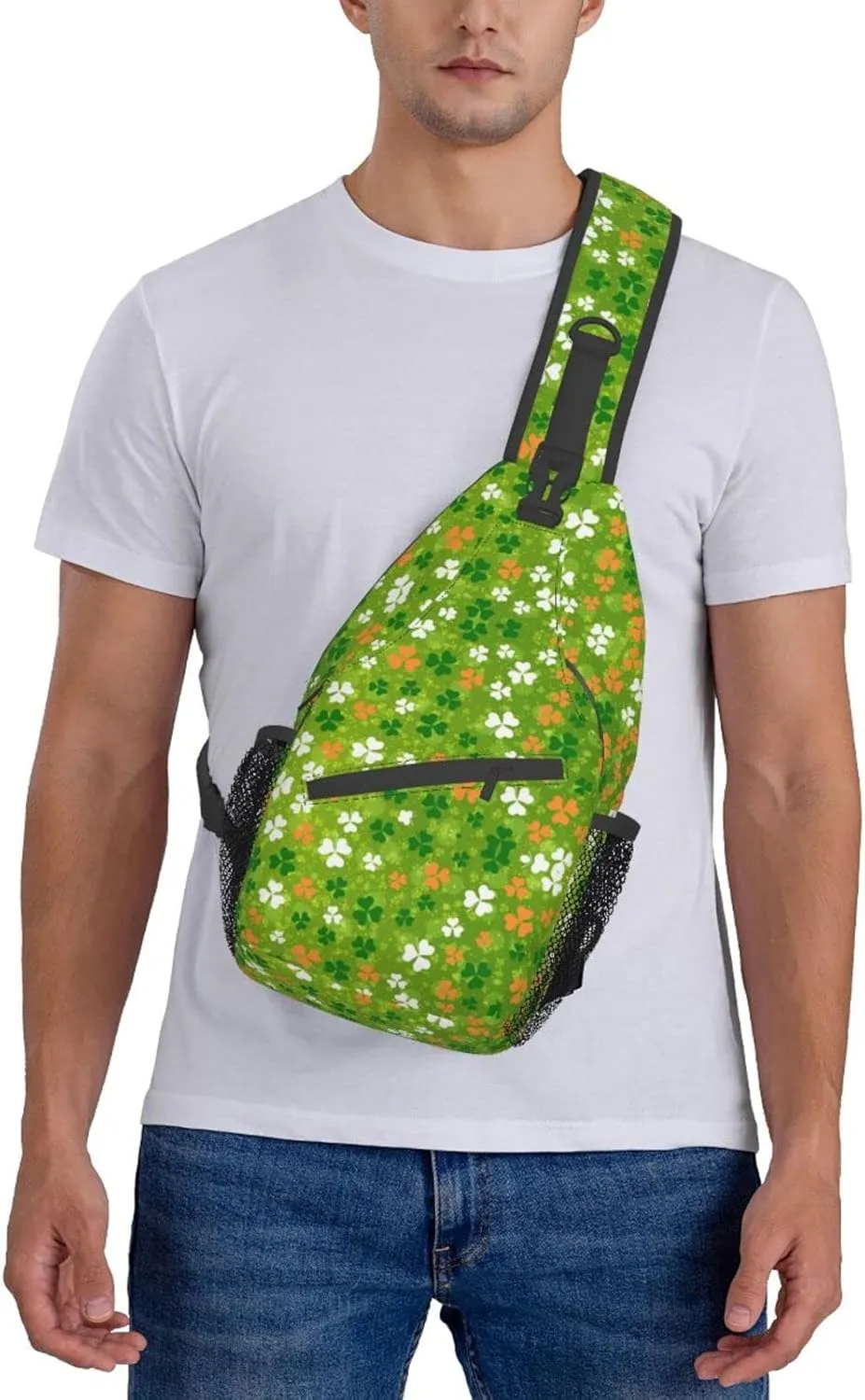St. Patrick's Day Cute Shamrocks Sling Backpack,Travel Hiking Daypack Clover Crossbody Shoulder Bag