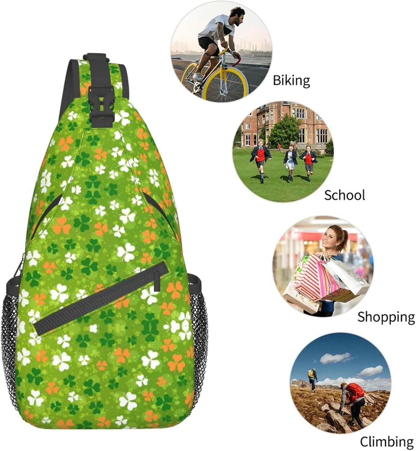 St. Patrick's Day Cute Shamrocks Sling Backpack,Travel Hiking Daypack Clover Crossbody Shoulder Bag