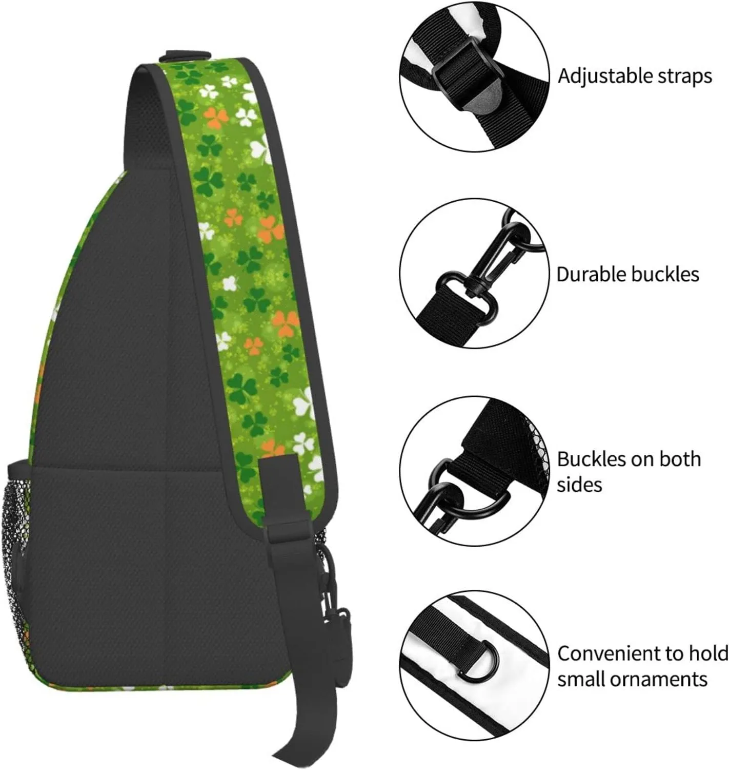 St. Patrick's Day Cute Shamrocks Sling Backpack,Travel Hiking Daypack Clover Crossbody Shoulder Bag