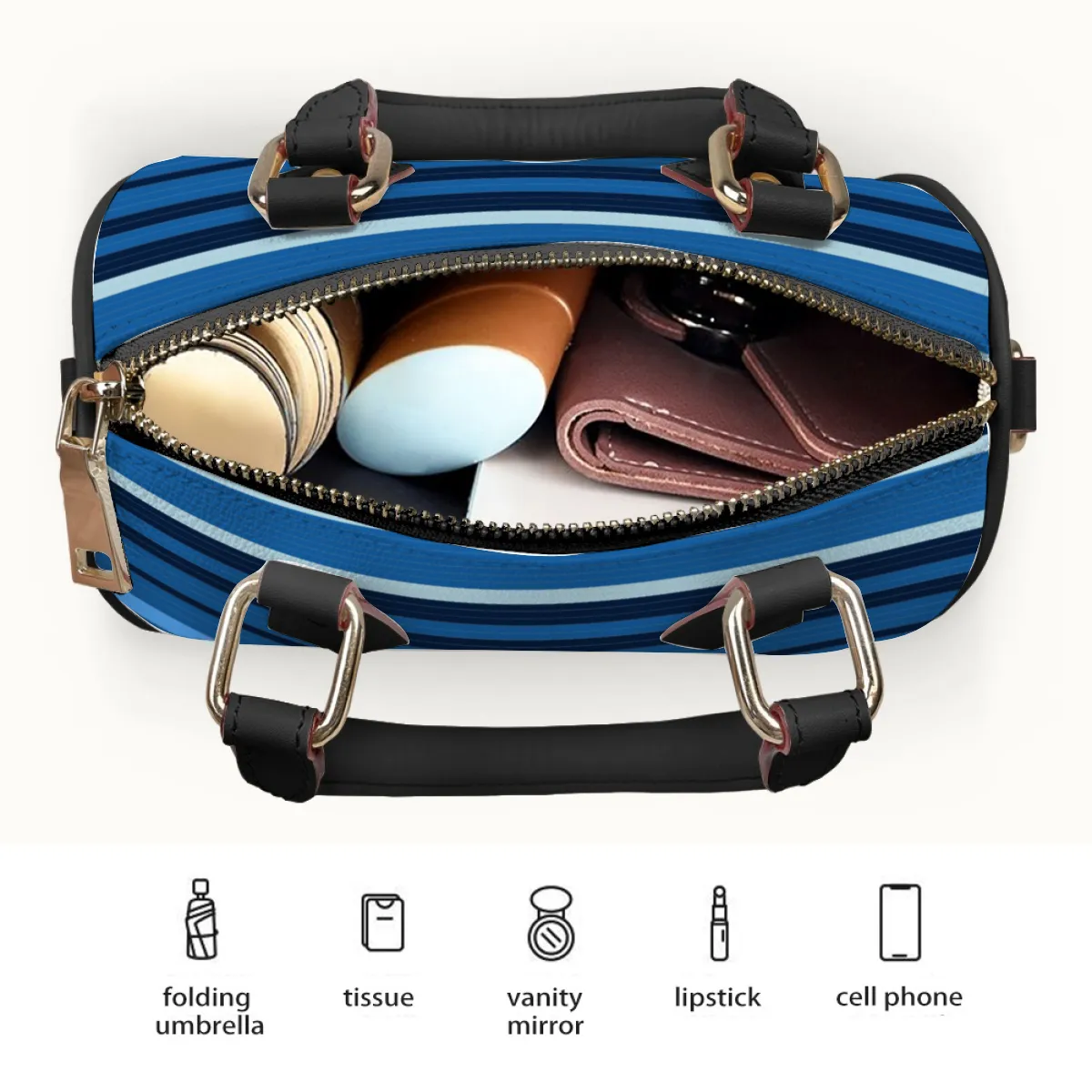Striped Blue Bags Shoulder Bags Artificial Leather Handbags with Removable Strap