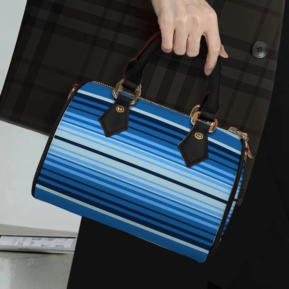 Striped Blue Bags Shoulder Bags Artificial Leather Handbags with Removable Strap