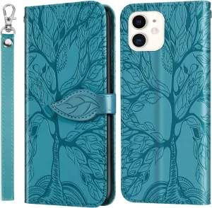 Wallet Case for iPhone 12 Mini 5.4" with Card Holder,PU Leather Flip Folio Shell Wrist Strap Stand Function Magnetic Closure Phone Cover fits iPhone 12 Mini 5G 5.4 inchTurquoise