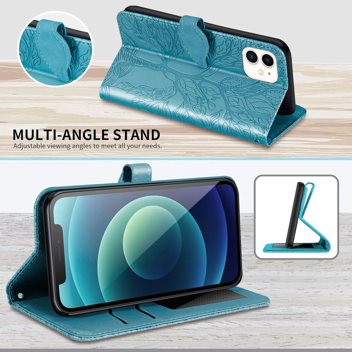 Wallet Case for iPhone 12 Mini 5.4" with Card Holder,PU Leather Flip Folio Shell Wrist Strap Stand Function Magnetic Closure Phone Cover fits iPhone 12 Mini 5G 5.4 inchTurquoise