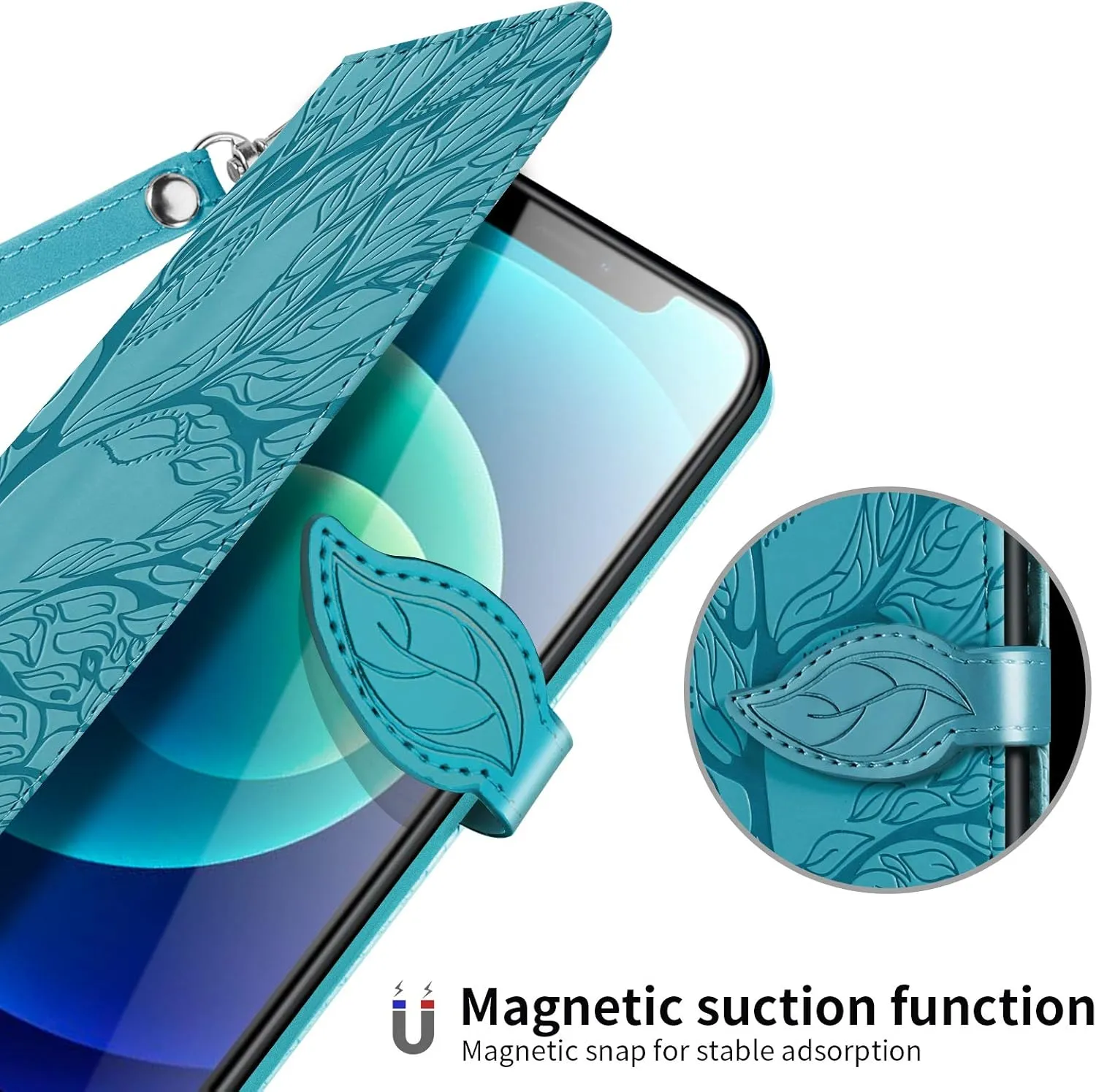Wallet Case for iPhone 12 Mini 5.4" with Card Holder,PU Leather Flip Folio Shell Wrist Strap Stand Function Magnetic Closure Phone Cover fits iPhone 12 Mini 5G 5.4 inchTurquoise