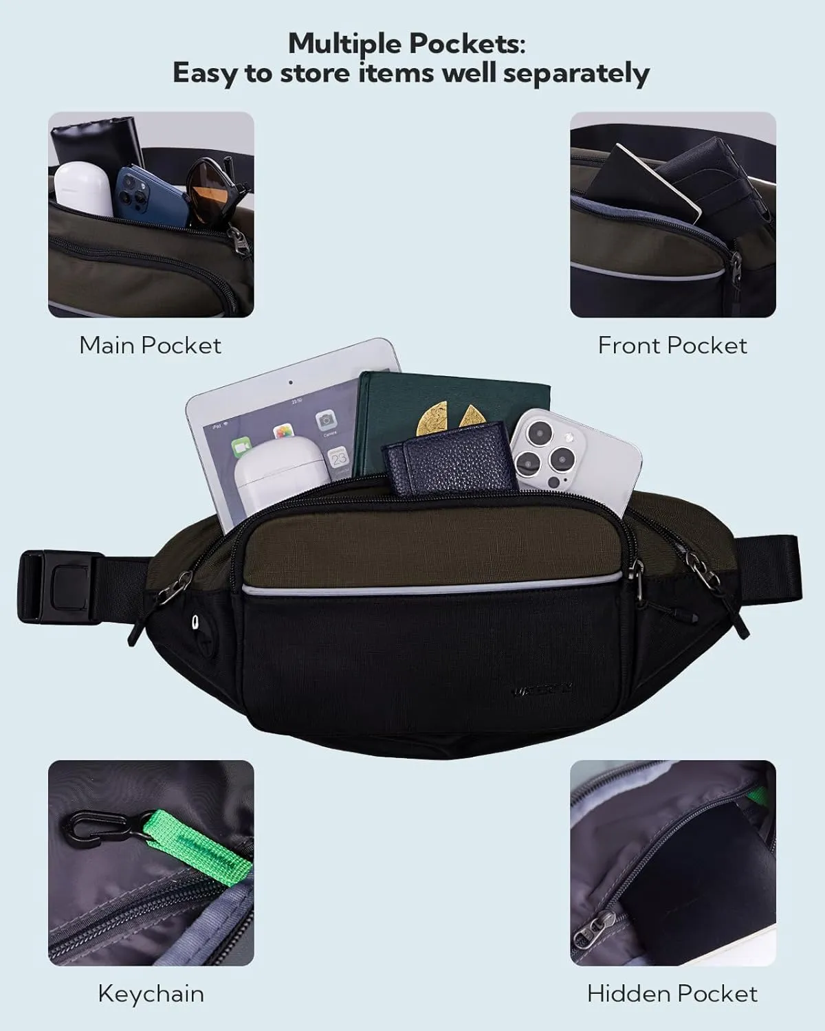 WATERFLY Fanny Pack Waist Bag: Large Waist Packs for Women Men Fashion Crossbody Belt Bags for Hiking Running Travel Walking-Black & Military Green