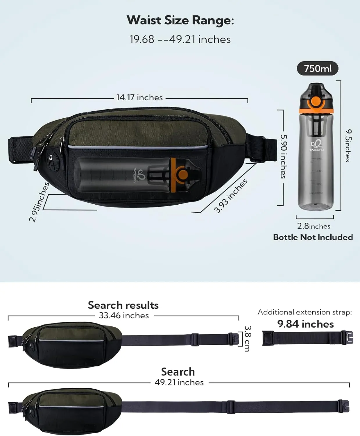 WATERFLY Fanny Pack Waist Bag: Large Waist Packs for Women Men Fashion Crossbody Belt Bags for Hiking Running Travel Walking-Black & Military Green