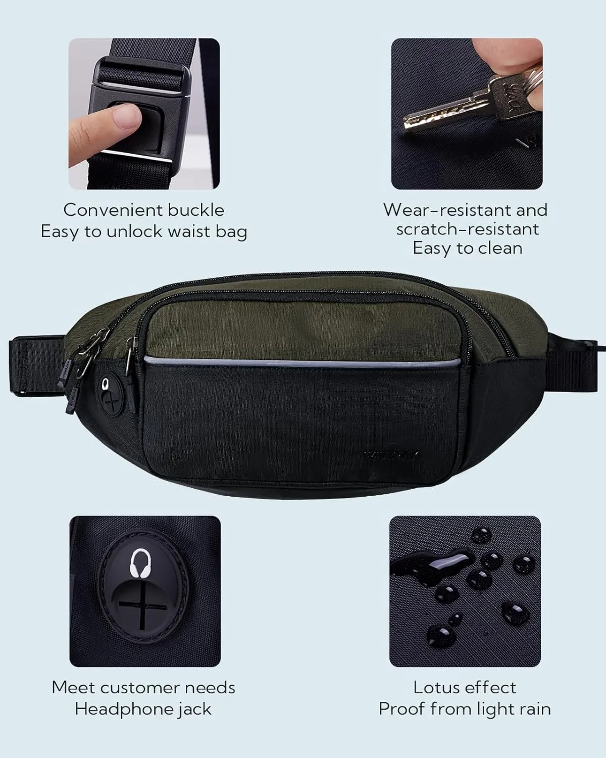 WATERFLY Fanny Pack Waist Bag: Large Waist Packs for Women Men Fashion Crossbody Belt Bags for Hiking Running Travel Walking-Black & Military Green