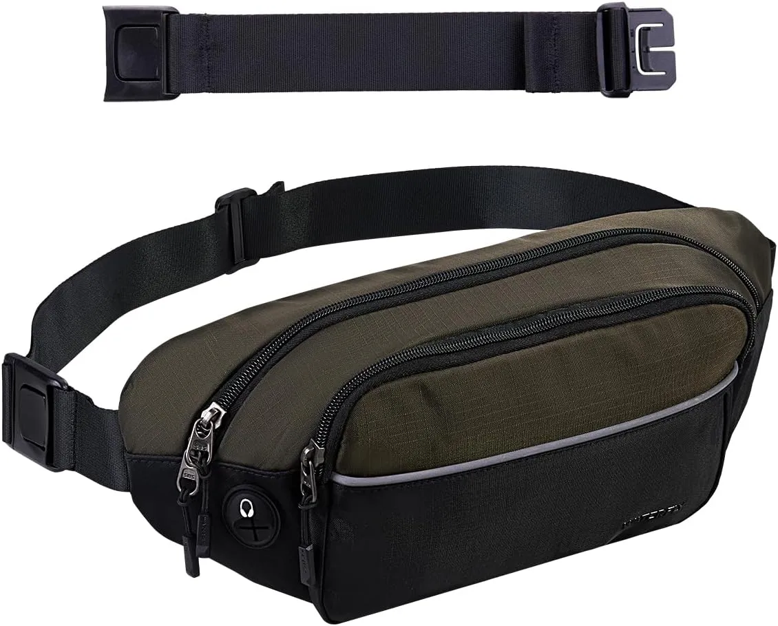 WATERFLY Fanny Pack Waist Bag: Large Waist Packs for Women Men Fashion Crossbody Belt Bags for Hiking Running Travel Walking-Black & Military Green