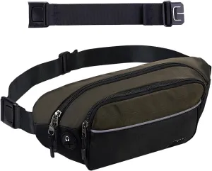 WATERFLY Fanny Pack Waist Bag: Large Waist Packs for Women Men Fashion Crossbody Belt Bags for Hiking Running Travel Walking-Black & Military Green