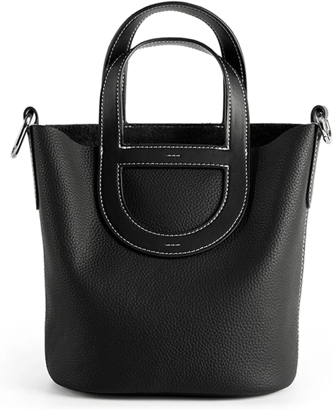 Women's Genuine Leather Bucket Bag Pig Nose Lychee Pattern Vegetable Basket Solid Color Tote Bag Trendy Handbag,Black,19 * 12 * 20cm