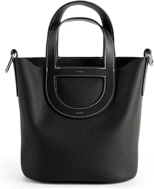 Women's Genuine Leather Bucket Bag Pig Nose Lychee Pattern Vegetable Basket Solid Color Tote Bag Trendy Handbag,Black,19 * 12 * 20cm